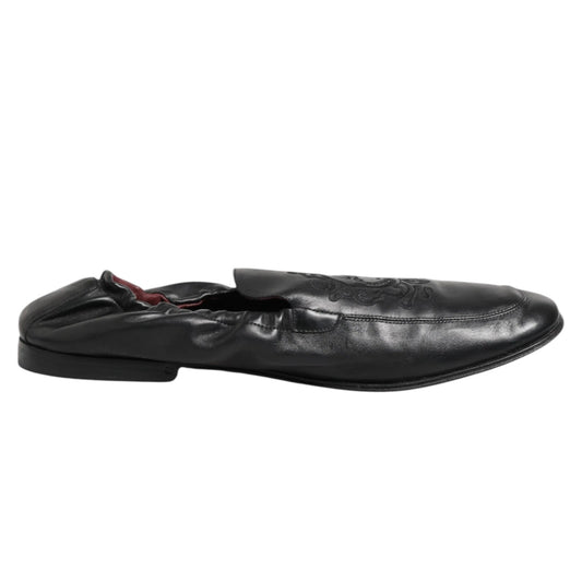 Dolce & Gabbana Black Leather Slip On Men Flat Loafers Shoes