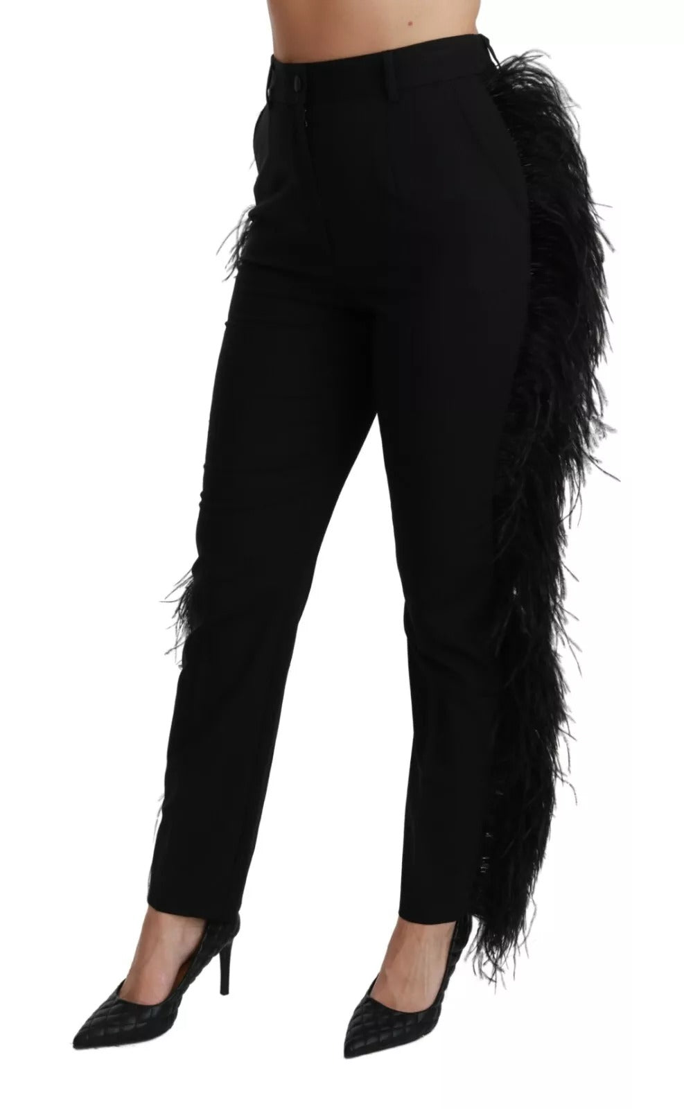 Dolce & Gabbana Black Feather Straight High Waist Pants