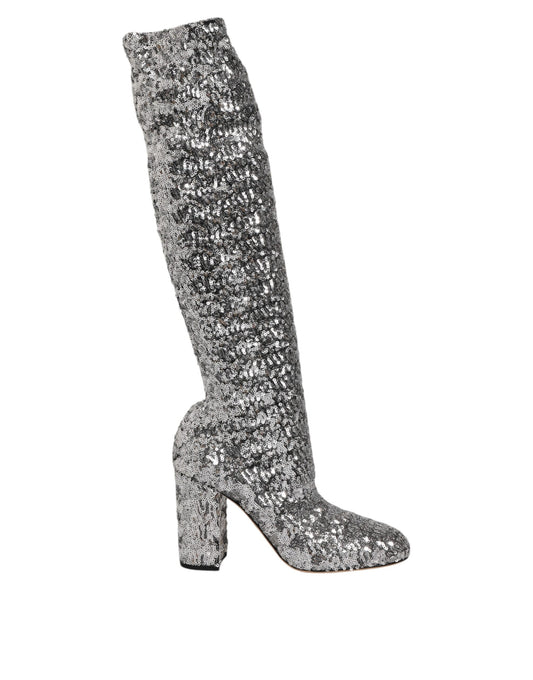 Dolce & Gabbana Shoes Silver Sequins Glitter High Heel Boot Shoes