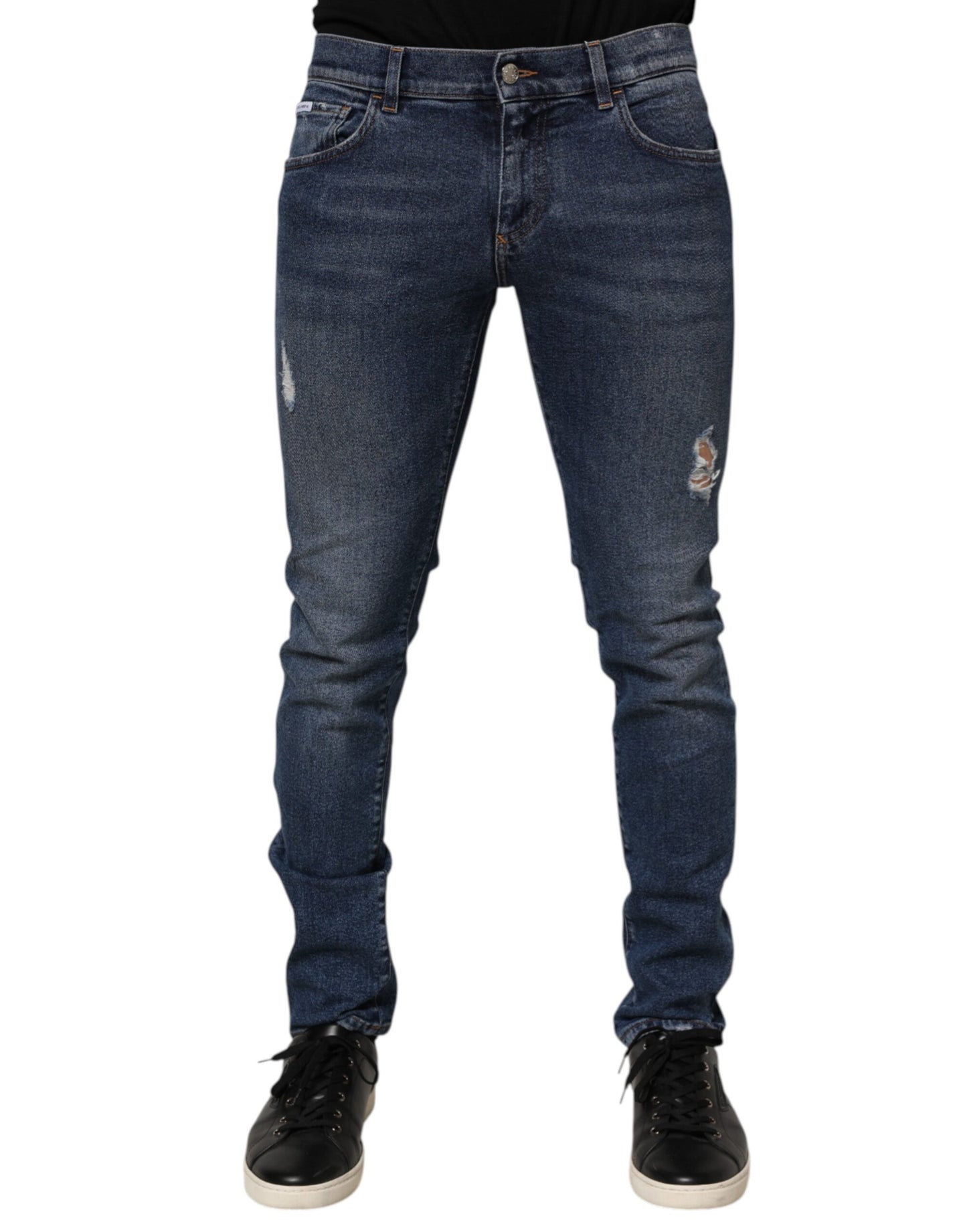 Dolce & Gabbana Blue Cotton Logo Plaque Skinny Men Denim Jeans