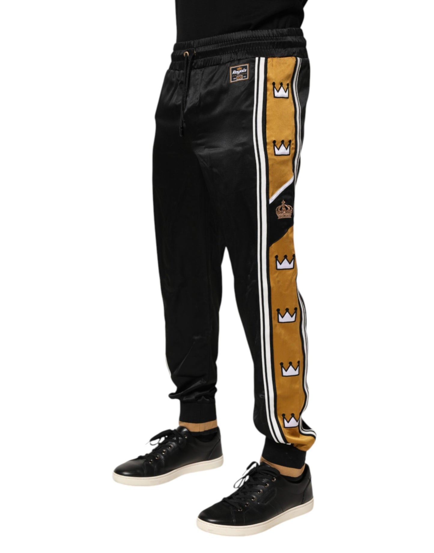Dolce & Gabbana Black Gold Satin Crown Side Stripe Jogger Pants