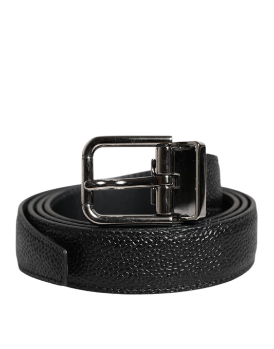 Dolce & Gabbana Black Textured Leather Silver Metal Buckle Men Belt