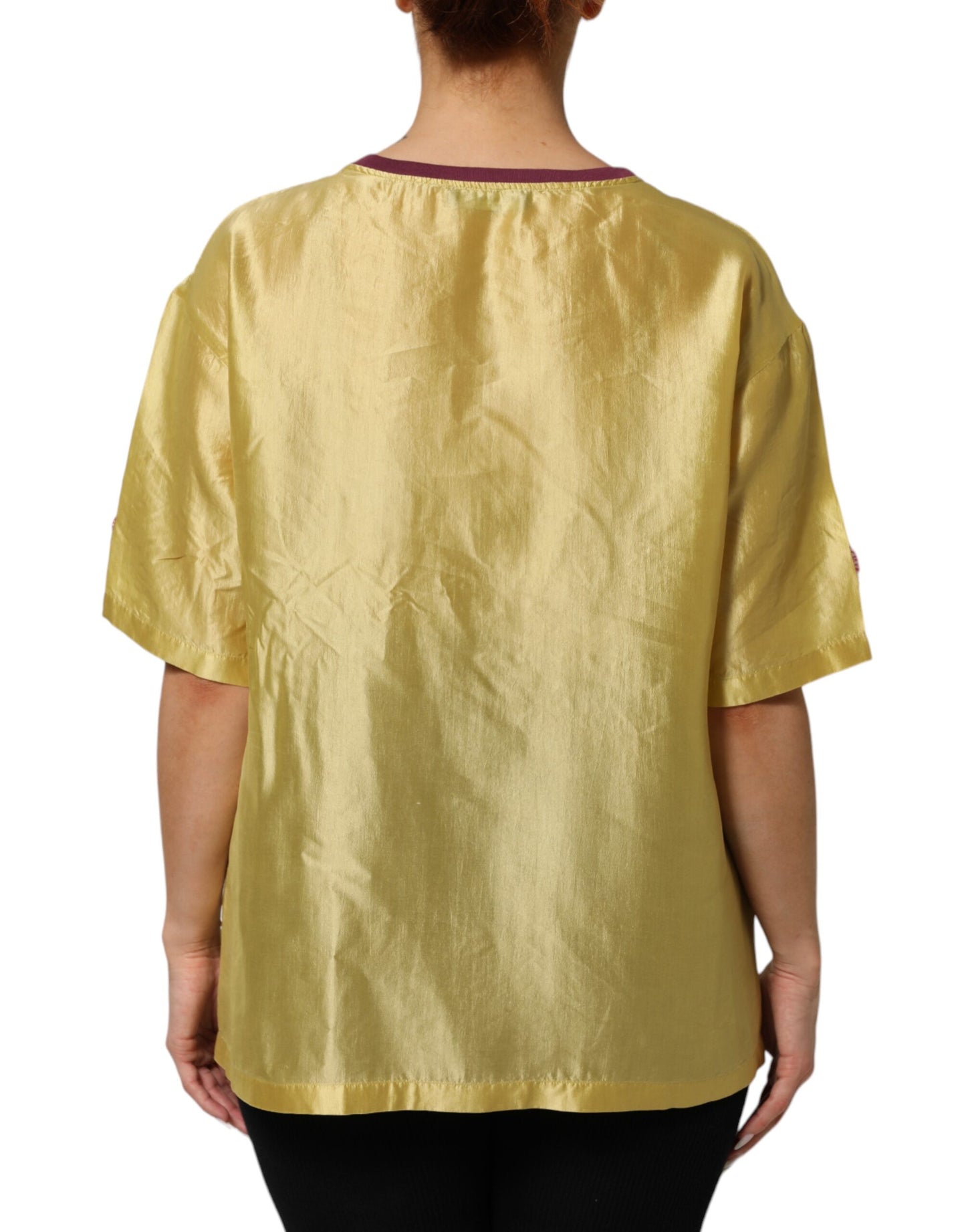 Dolce & Gabbana Yellow Silk Satin Floral Lace Short Sleeves Top