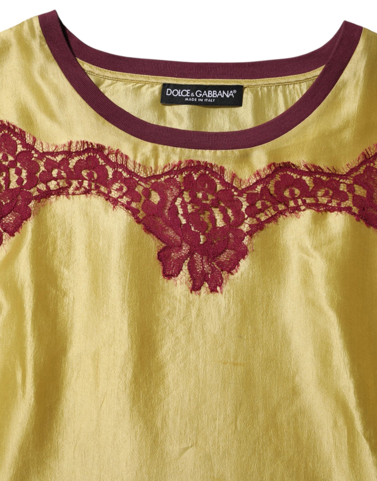 Dolce & Gabbana Yellow Silk Satin Floral Lace Short Sleeves Top