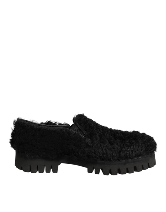 Dolce & Gabbana Dress Black Fur Leather Slippers Men Shoes