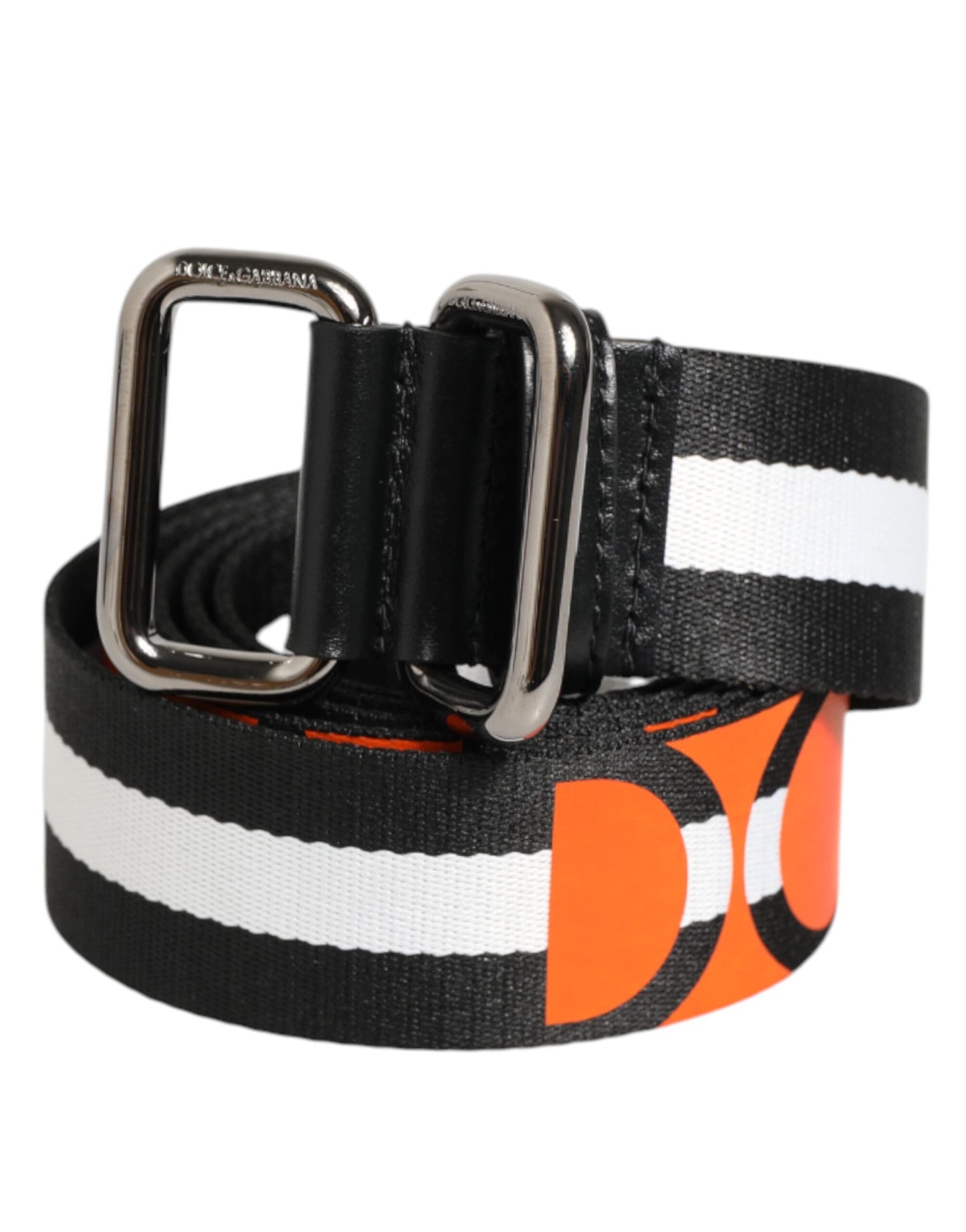 Dolce & Gabbana Black White Striped Logo Metal Buckle Belt