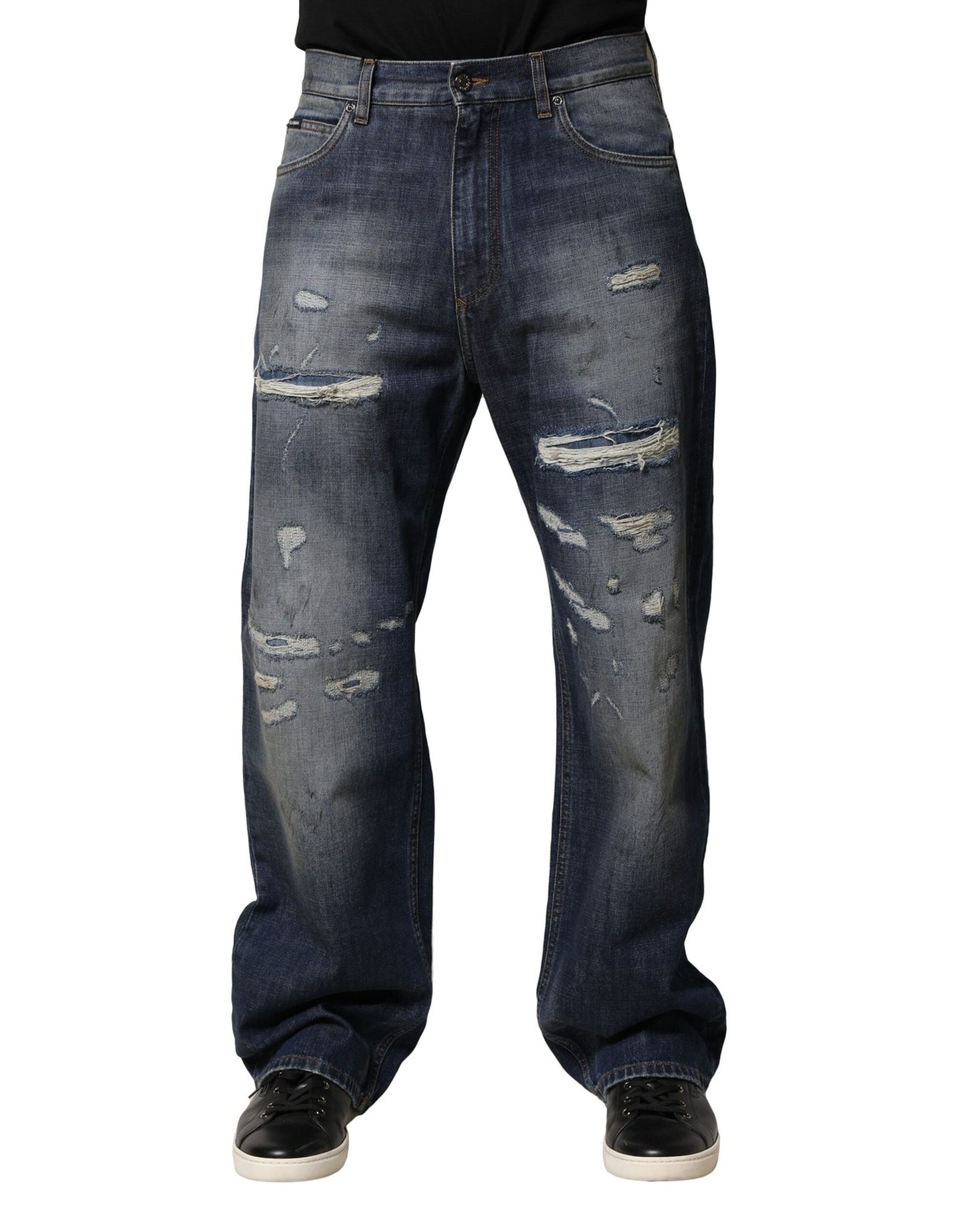 Dolce & Gabbana Blue Tattered Cotton Straight Men Denim Jeans