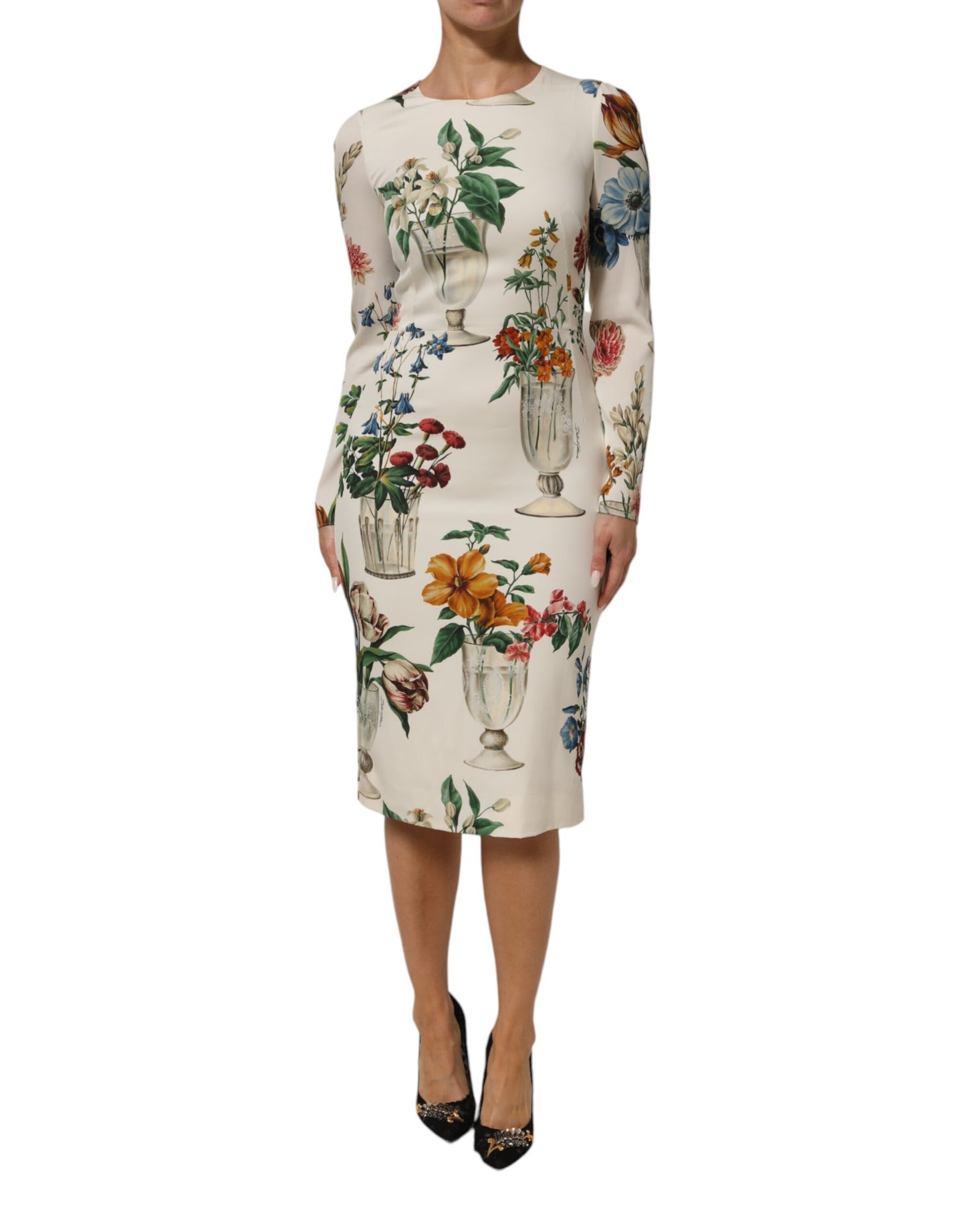 Dolce & Gabbana White Flower Vase Silk Sheath Midi Dress