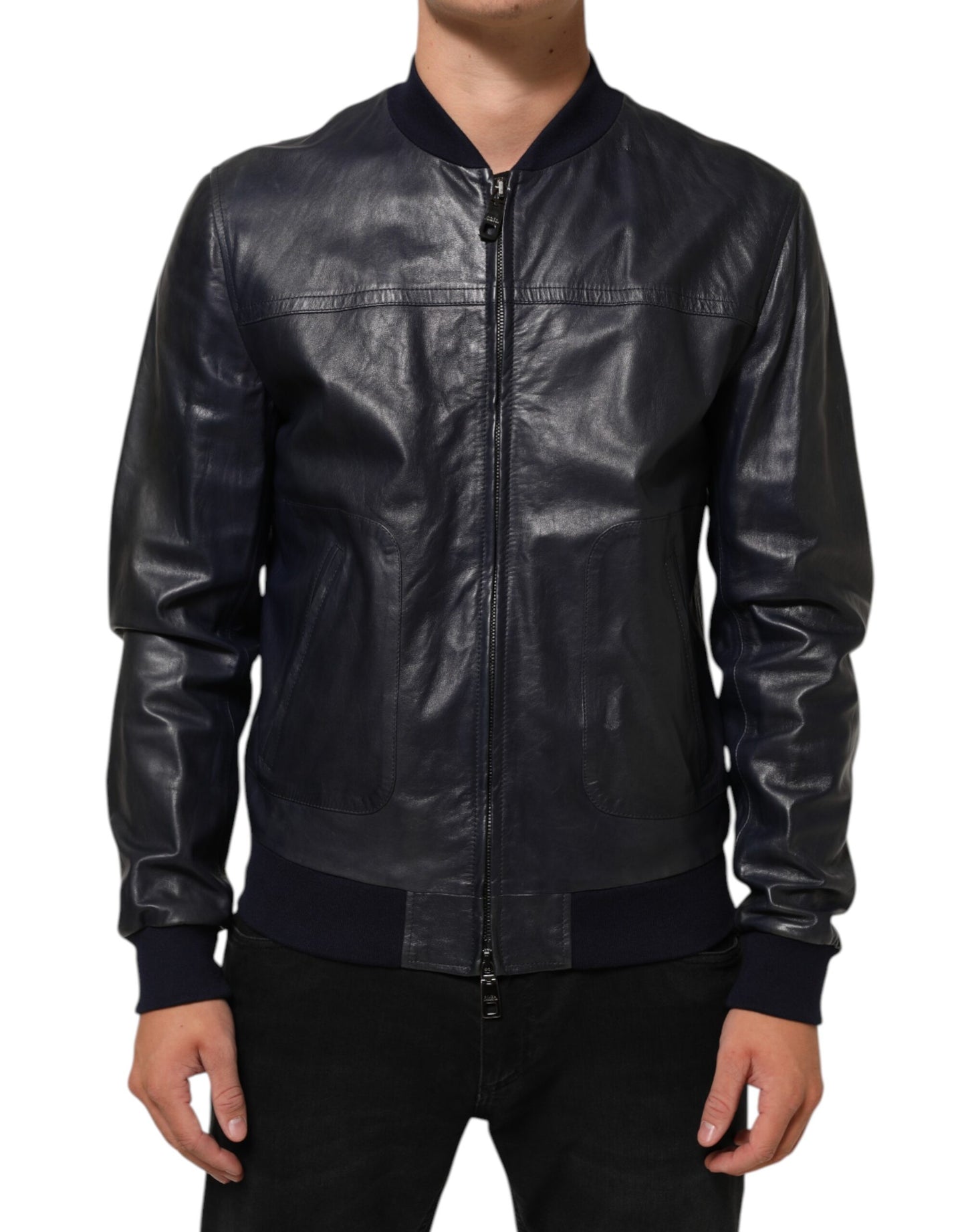 Dolce & Gabbana Blue Leather Full Zip Biker Blouson Jacket