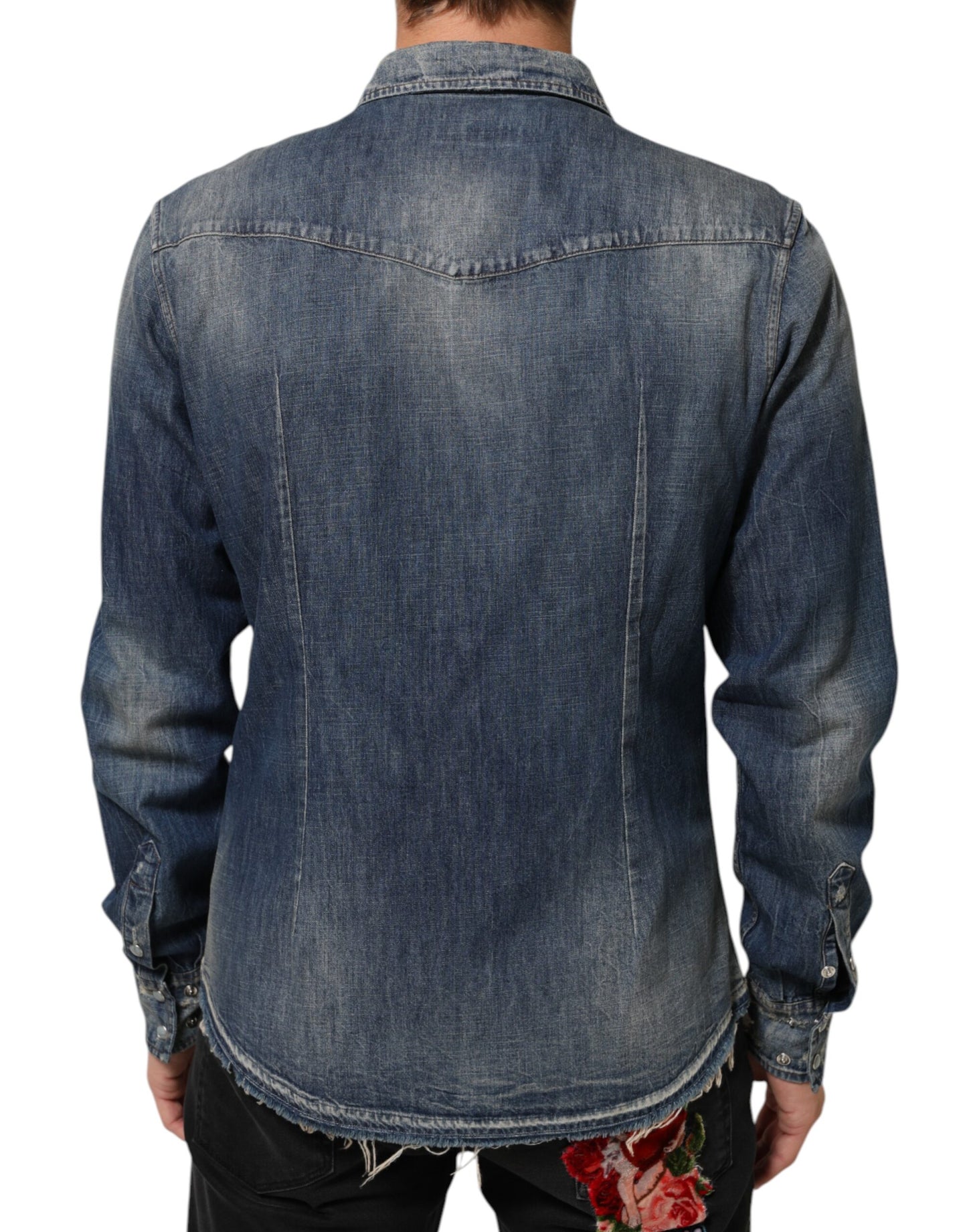 Dolce & Gabbana Blue Angel Patch Denim Buttoned Down Men Shirt