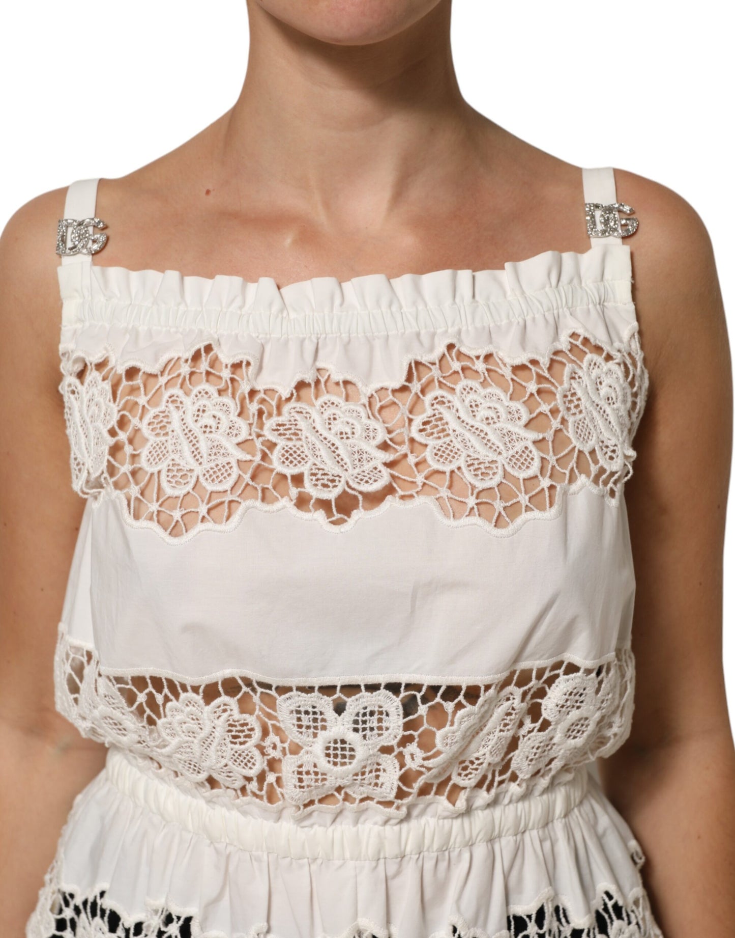 Dolce & Gabbana White Poplin Openwork Embroidery Tank Top