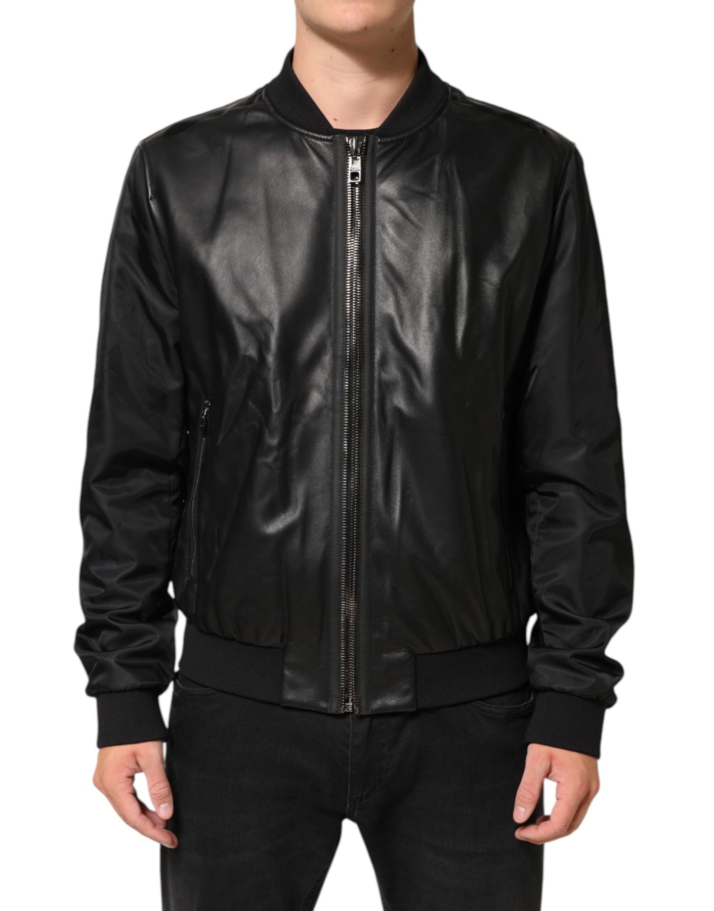 Dolce & Gabbana Black Leather Nylon FullZip Blouson Jacket