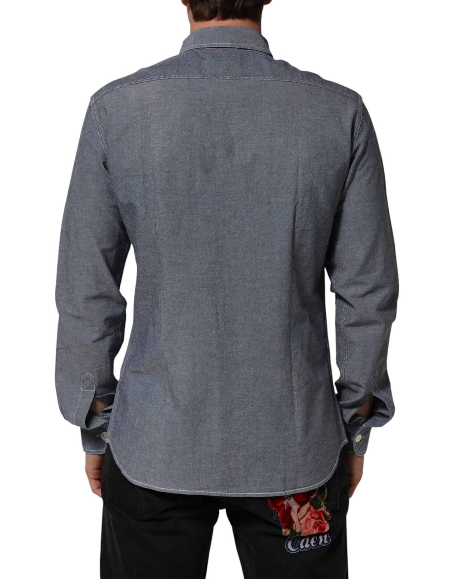 AGLINI Blue Denim Regular Fit Collared Long Sleeve Casual Shirt