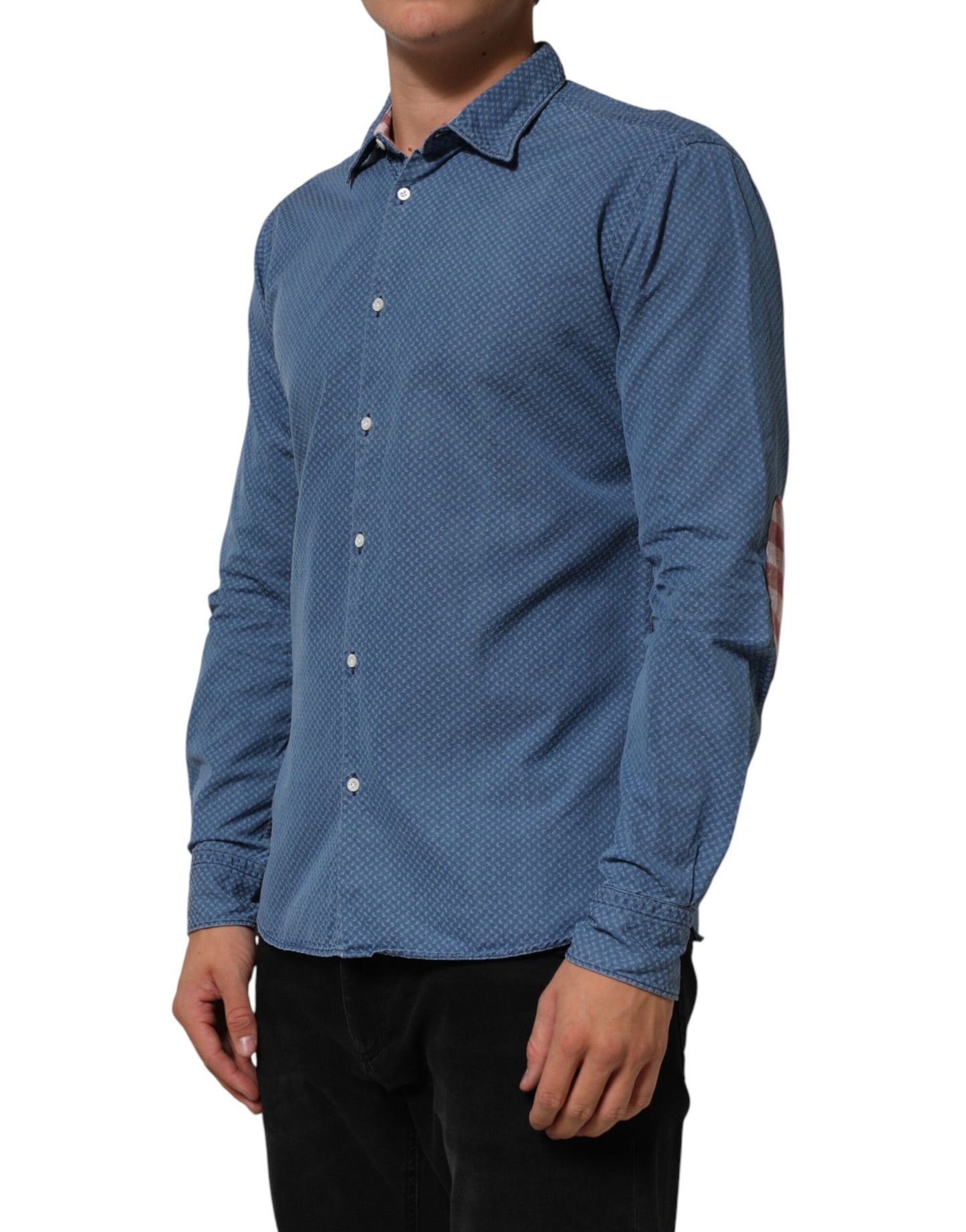 AGLINI Blue Cotton Slim Fit Collared Long Sleeve Casual Shirt
