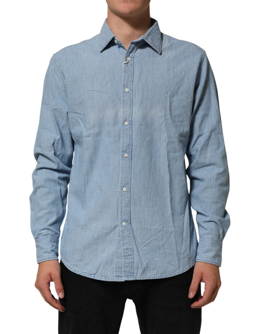 Deperlu Blue Denim Regular Fit Collared Long Sleeve Men Shirt