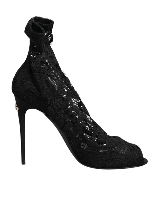 Dolce & Gabbana Black Stretch Taormina Lace Boots Shoes