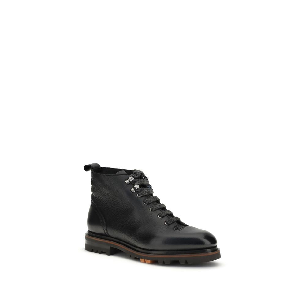 Santoni Black Calf Leather Bos Taurus Lace-Up Boots