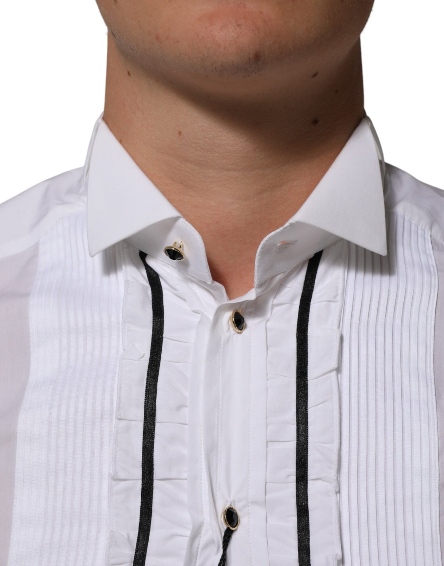 Dolce & Gabbana White Cotton Collared Long Sleeve GOLD Dress  Shirt