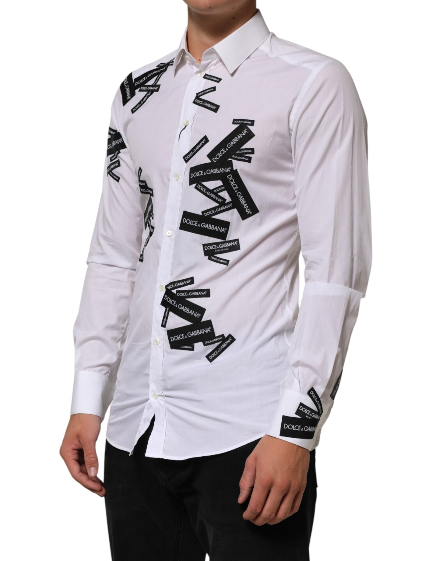 Dolce & Gabbana White Logo Cotton Collared GOLD Dress Shirt