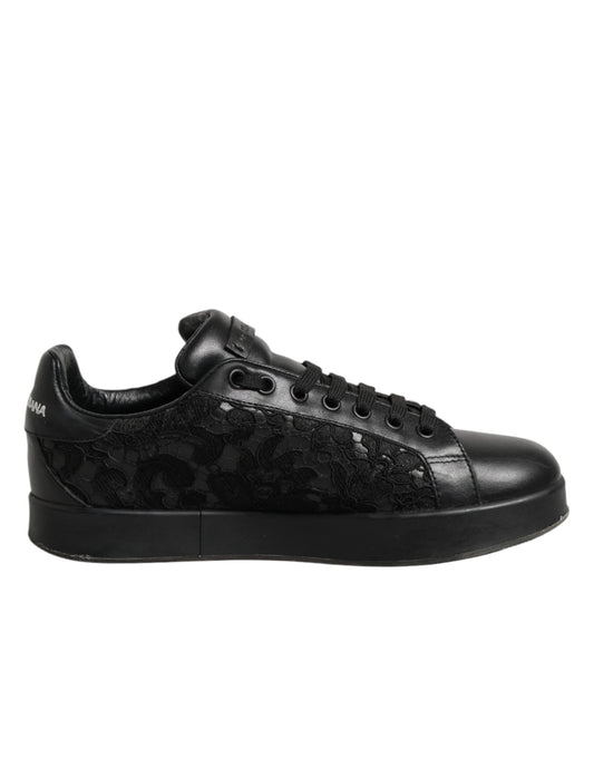 Dolce & Gabbana Black Floral Lace Low Top Sneakers Shoes