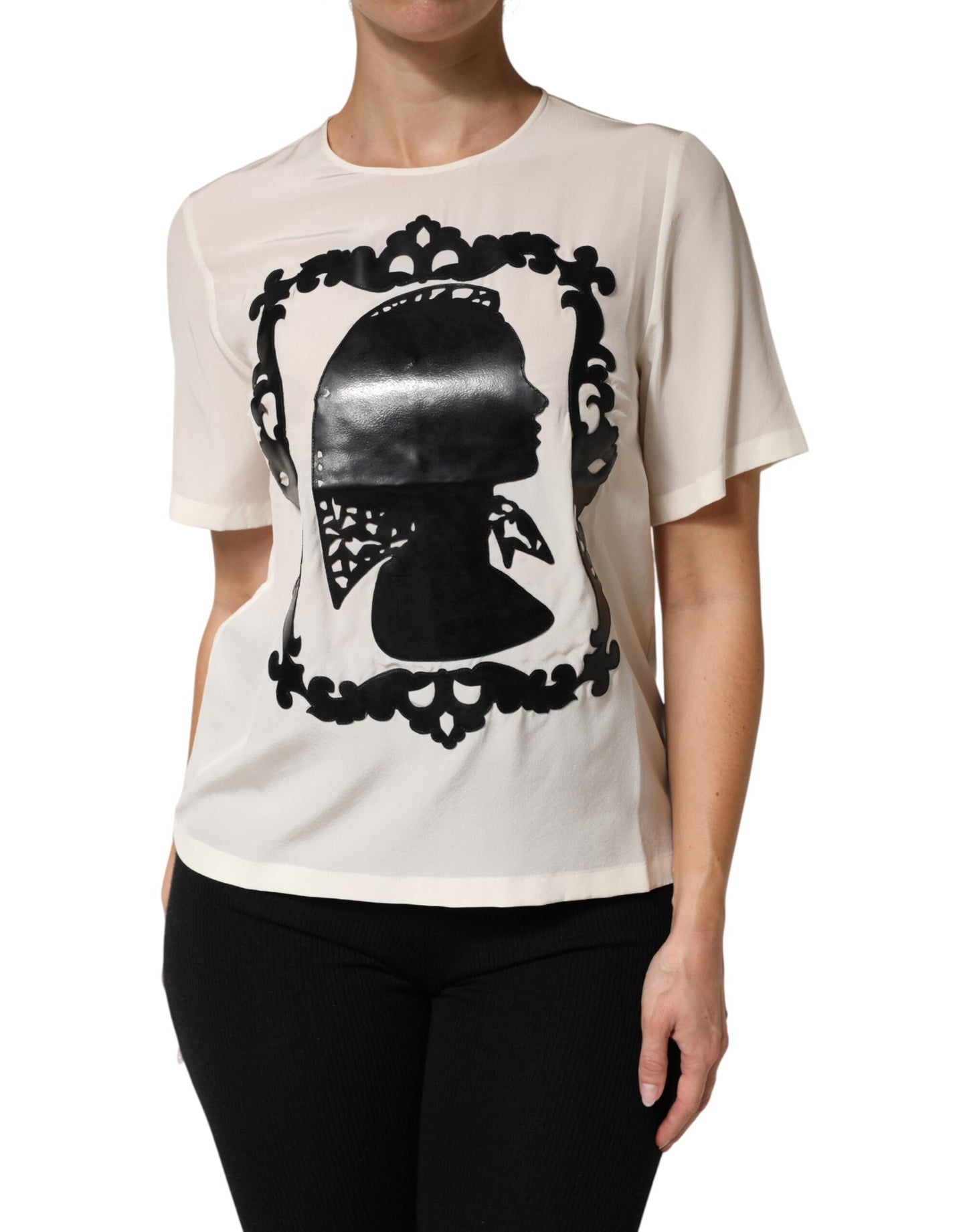 Dolce & Gabbana Cream Silk Silhouette Detail Short Sleeve Top