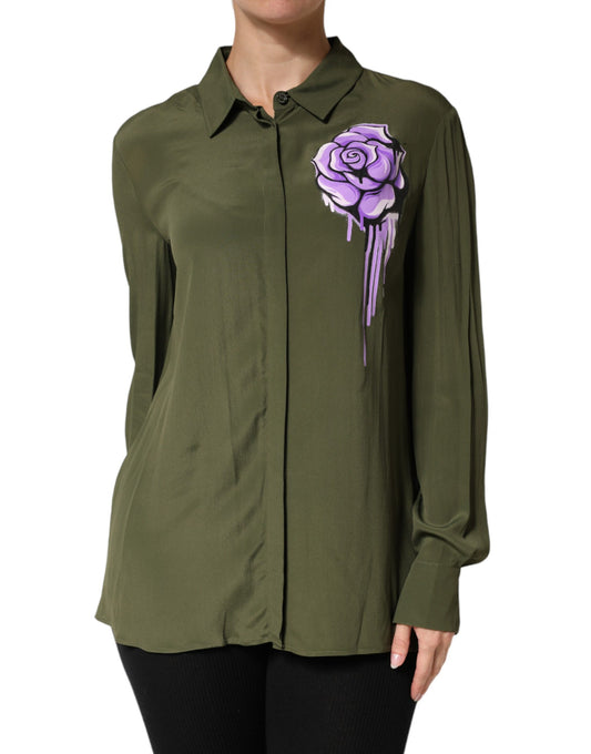 Boutique Moschino Top Green Acetate Collared Long Sleeves Floral Top